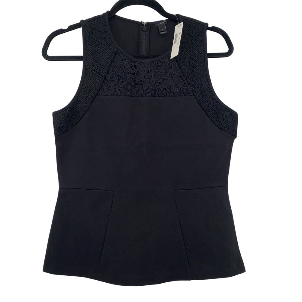 NWT J. Crew Black Structured Mixed Lace Peplum Shell Sleeveless Top Small